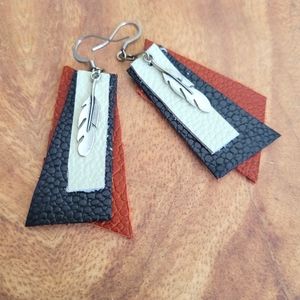 Reclaimed Leather Earrings with Feathers, Sustainable Gift for Her